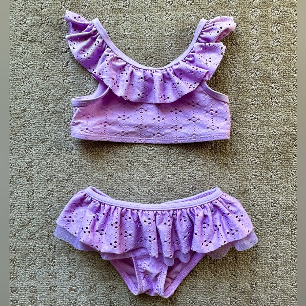 Cat & Jack Girl’s 3T Purple 2-Piece Eyelet & Ruffle Swimsuit. Bathing suit